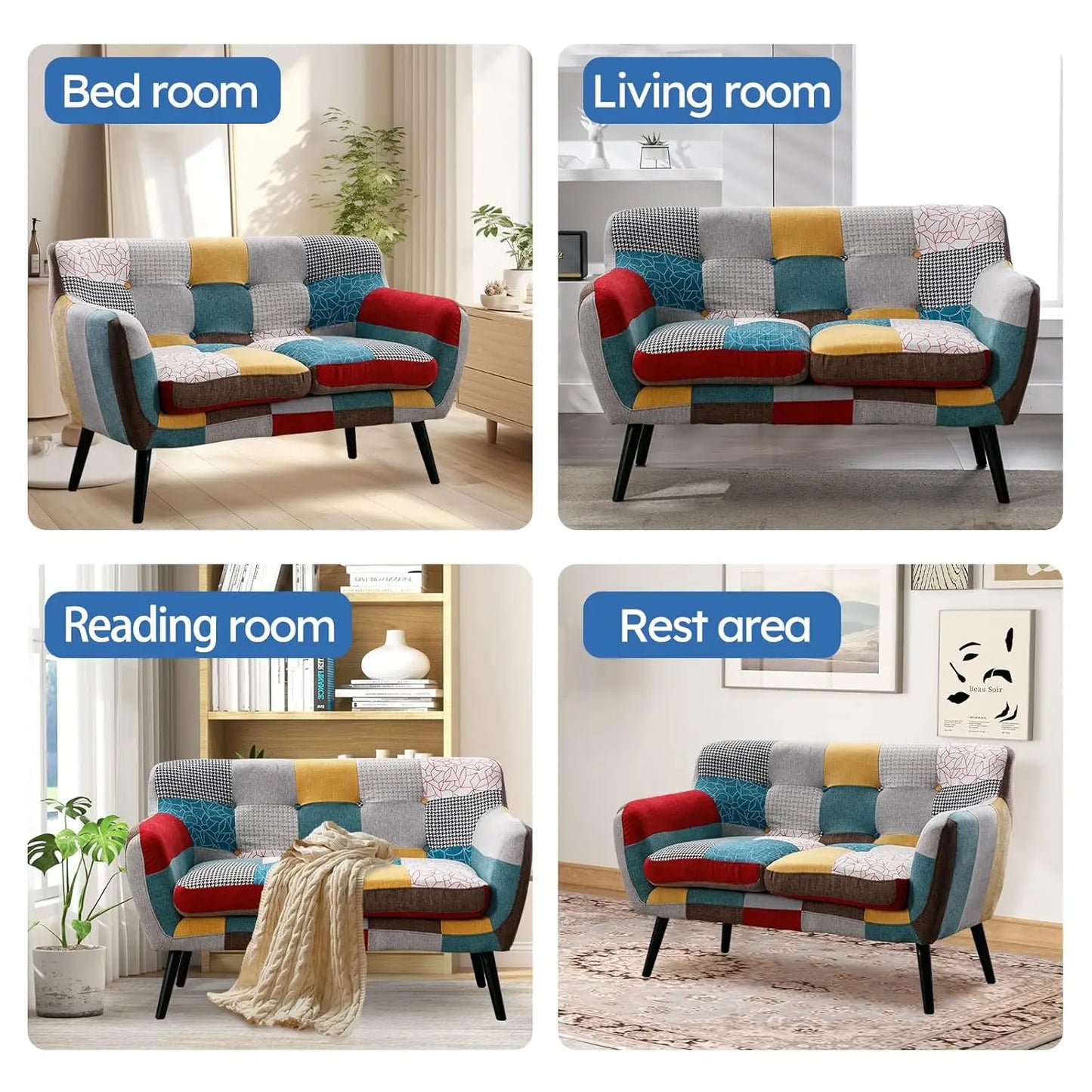 Modern Boho Loveseat Couch Sofa Chair for Living Room Bedroom, Upholstered Colorful Plaid Fabric 2-Seat Love Seat, Customized
