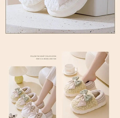 Thick Soled Non Slip Home Plush Slippers 2025 New Cotton Slippers for Women Bow Slippers for Autumn and Winter Warm for Women