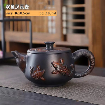 Purple Pottery Relief Teapot Hand-carved Dragon Pattern Beauty Kettle Traditional Ball Hole Filter Pot Chinese Zisha Tea Set