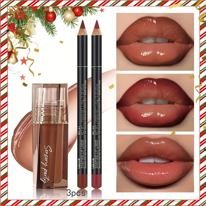 Moisturizing and waterproof lip gloss and lip liner pen set, non-stick and non-stick cup, bright makeup effect, Christmas gift