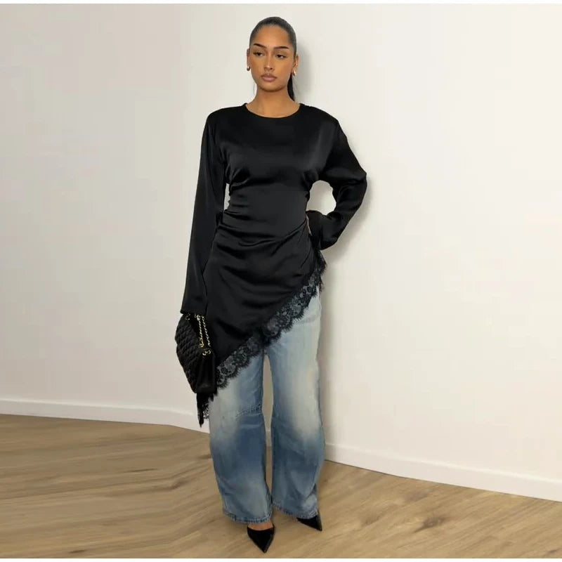 Tie Up Lace Women's Top Sexy O-neck Patchwork Irregular Full Sleeves Blouse Female 2026 Spring Fashion All Match Woman Shirts