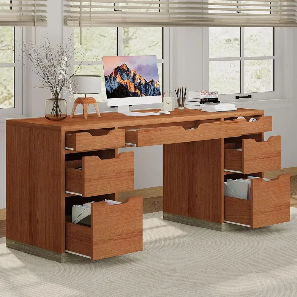 54 Inch Executive Desk with 7 Drawers, Ideal for Home Office, Study, or Bedroom, Compact for Small Spaces (Brown )