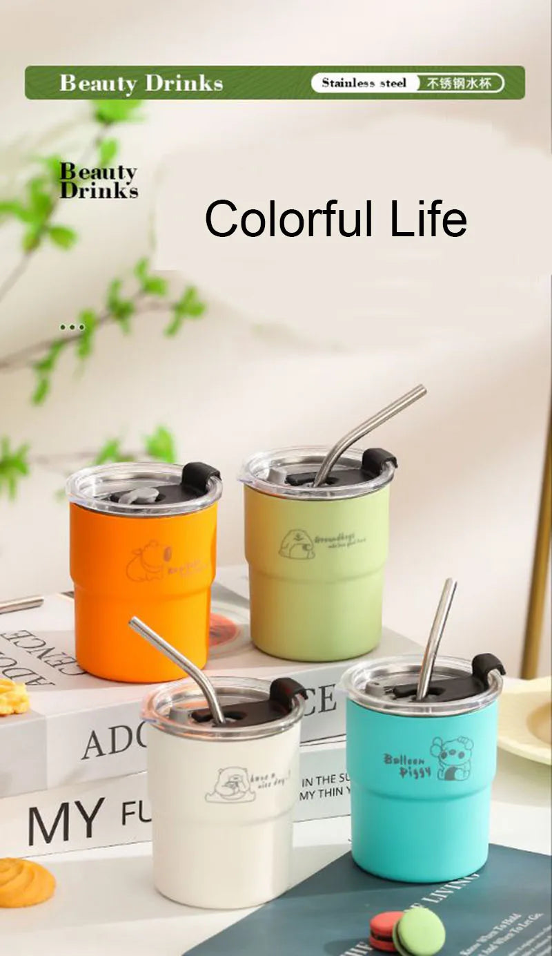 300ml Drinking Cup With Straw Portable Stainless Steel Coffee Cups Mug With Lid Heat Resistant Tea Cup Tumbler Travel Mug