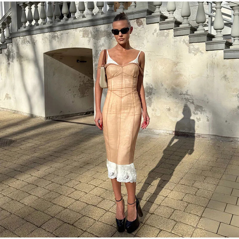 Sheer Mesh Overlay Lace Hem Slip Midi Dress Slim Spaghetti Strap 2026 Summer Elegant Women Bodycon Dress Trendy Date Lady Gown