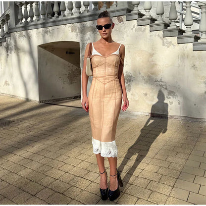 Sheer Mesh Overlay Lace Hem Slip Midi Dress Slim Spaghetti Strap 2026 Summer Elegant Women Bodycon Dress Trendy Date Lady Gown