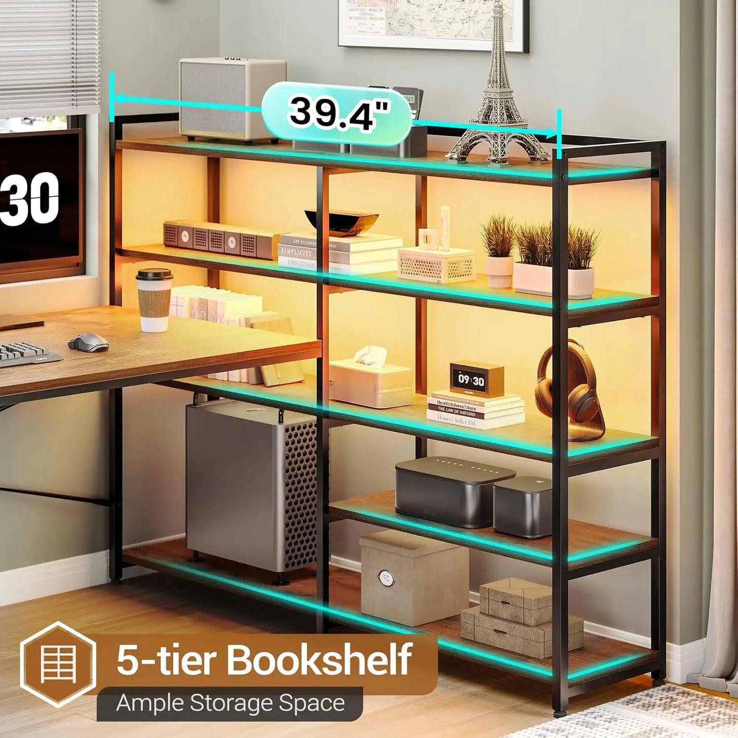 Reversible U-Shaped Office Desk with Storage, Drawers, Power Outlet & LED Lights for Gaming and Home Office