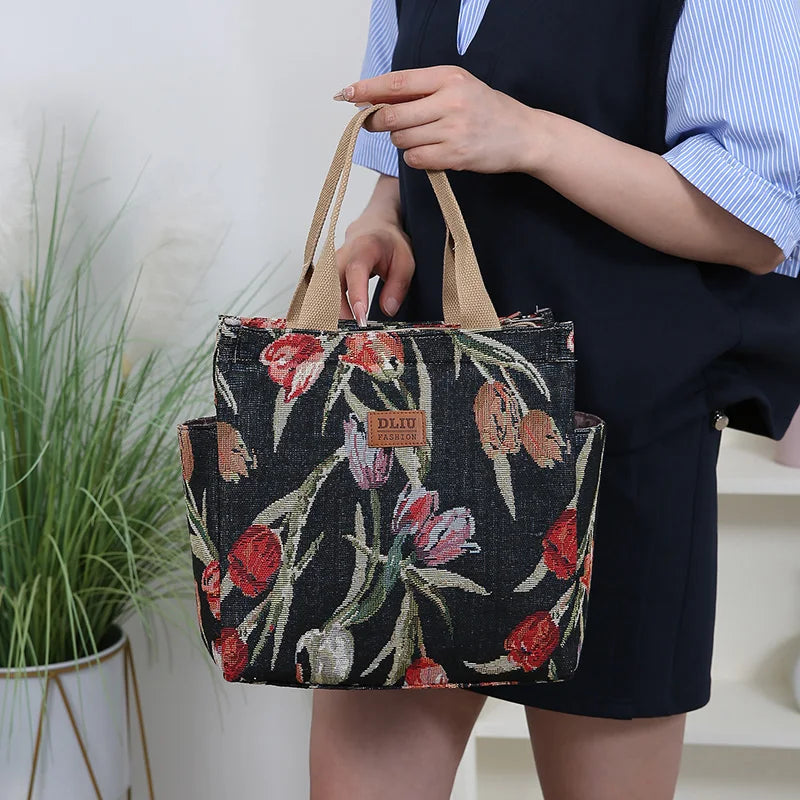 New Thickened Knitted Tote Bag, Floral Pattern Retro Large Capacity Handbag for Work  tote bag Shopping Daily Use School Commute