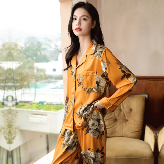 2026 New Ice Silk Thin Casual Women Pajamas Long Sleeve Set Women's Homewear