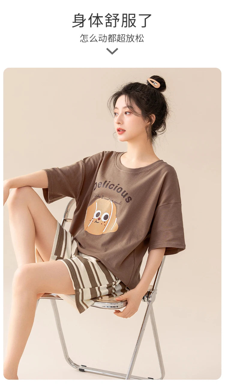 100% Pure Cotton Women Pajamas Summer Cartoon Print Pijamas Girls Nightwear Homewear Short Sleeve Sleepwear O-neck Loungewear
