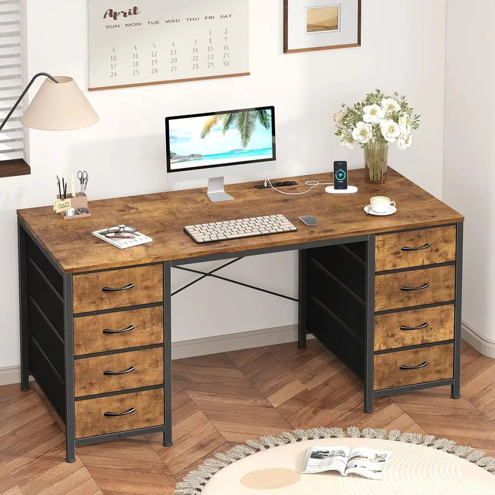 50-inch Rustic Brown Study Desk with 8 Drawers, Power Outlets for Home Office and Gaming