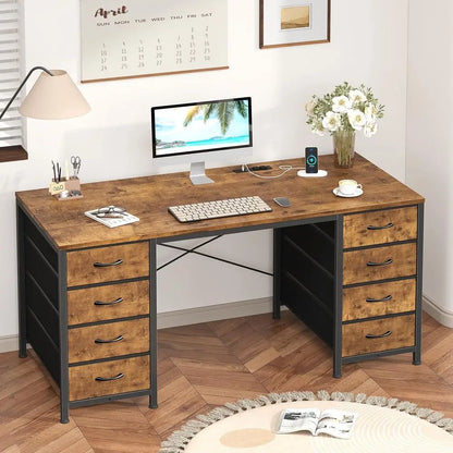 50-inch Rustic Brown Study Desk with 8 Drawers, Power Outlets for Home Office and Gaming