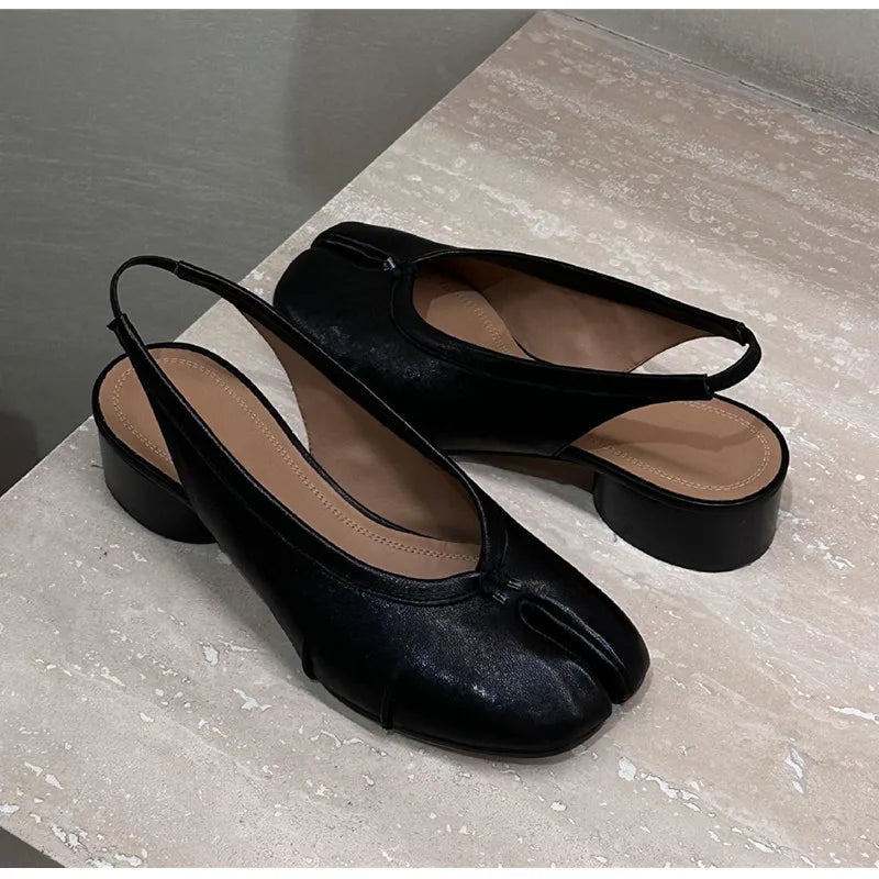 2025 Spring Summer Fashion Soft Leather Split Toe Women Pumps Casual Comfortable 3.5cm Low Heeled Slingbacks Tabi Ballet Shoes