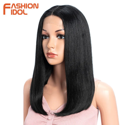 FASHION IDOL 14inch/35cm Short Bob Lace Wigs Synthetic Hair Ombre Brown Grey Wigs For Black Women Heat Resistant Synthetic Wig