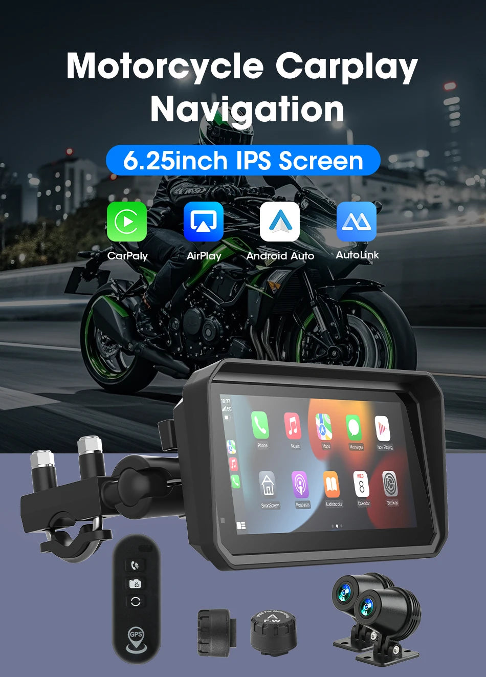 JMCQ Portable 6.25 inch Motorcycle GPS Navigation IPX7 Waterproof Wireless CarPlay Android Auto Drive Recorder Support 4K DVR