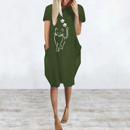 Plus Size Women Short Sleeve O-Neck Loose Casual Dresses Casual Short Sleeve Shirt Mini Dresses Round Neck Pockets Sexy Female T