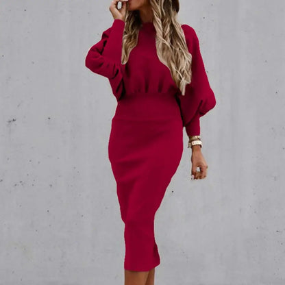 Women Autumn Dress Crew Neck Elegant Lantern Sleeve High Waist Women Bodycorn Dress Autumn Winter Office Ladies Midi Dress