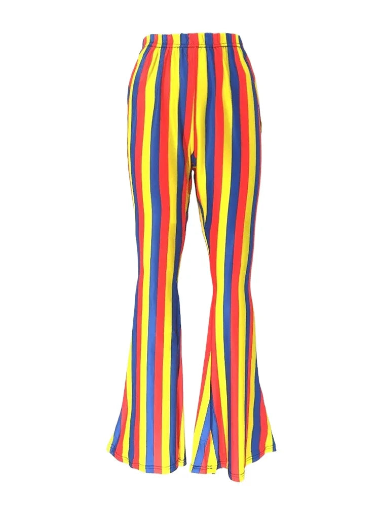 Funky 70s Retro Vertical Stripe Printed Flare Pants in Red Yellow Blue Rainbow High Waisted Wide Leg Groovy for Women Yoga Wear