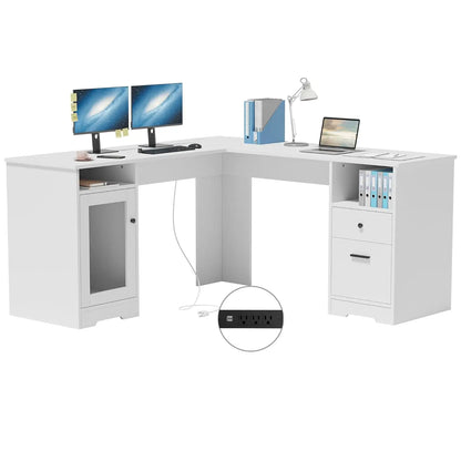 L Shaped Desk with File Cabinet, Corner Computer Desk with Storage Drawers, Large Home Office Table with Power, Customized