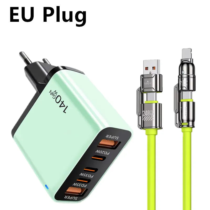 4-in-1 Type C Cable USB C PD Fast Charger 5 Ports Quick Charge Phone Adapter For iPhone Samsung Xiaomi Huawei OPPO Wall Charger