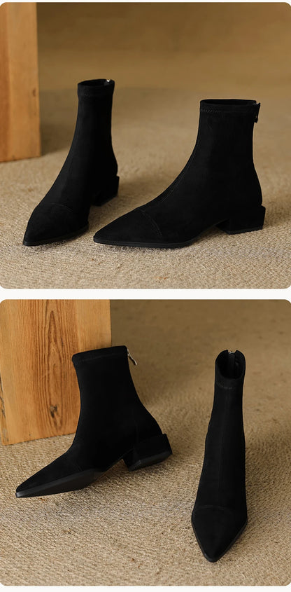 Autumn Vintage Suede Women Ankle Boots Ladies Concise Pointed Toe Thick Heel Short Botas Zapatos De Mujer