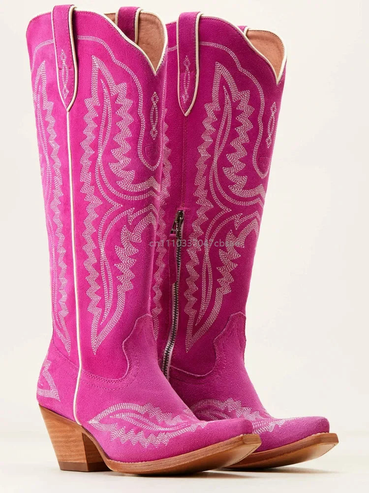 Women Western Cowboy Style Boots Pointed Thick High Heels Knee Length Embroidered Boot Autumn Block Heel Retro Casual Shoes