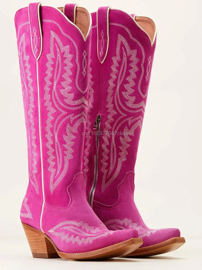 Women Western Cowboy Style Boots Pointed Thick High Heels Knee Length Embroidered Boot Autumn Block Heel Retro Casual Shoes