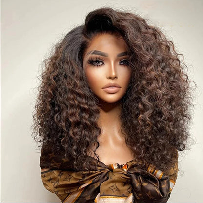 Long Soft 26“Ombre Brown Kinky Curly180Density Lace Front Wig For Black Women BabyHair Glueless Preplucked Heat Resistant Daily