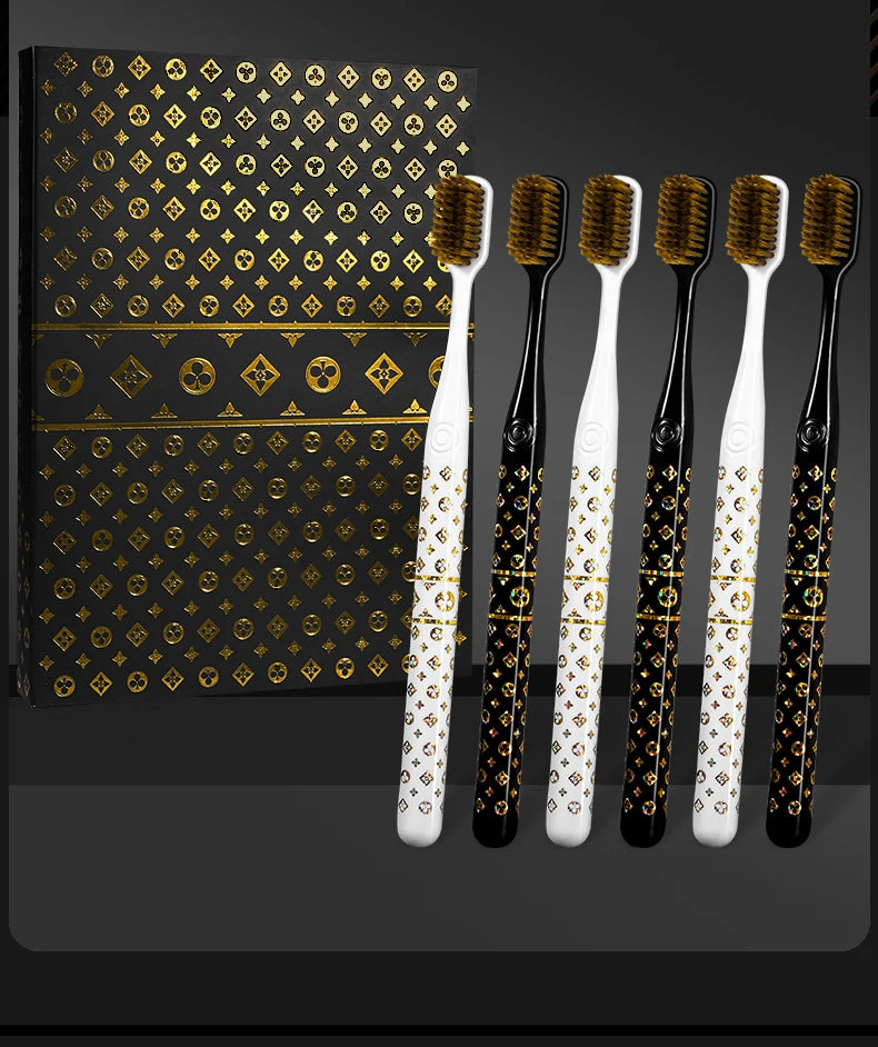 [6-Pcs Gift Boxes] New high-looking black gold printed small head household couple travel soft-bristle toothbrush