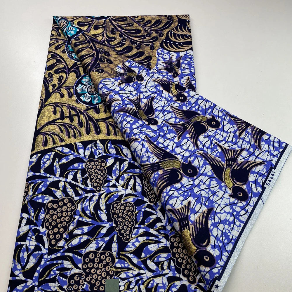 New African Wax Print Fabric Ankara Kitenge Pagne Loincloth Batik Wholesale Golden Glitter Grand 100Cotton Material For Sew 6yar