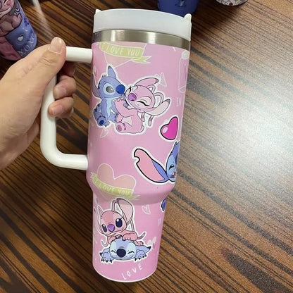 Stitch And Angel Stainless Steel Tumbler Cartoon Comic Thermal Mug With Straws And Lid 40oz Mugs Cup Cold And Hot Water Bottle