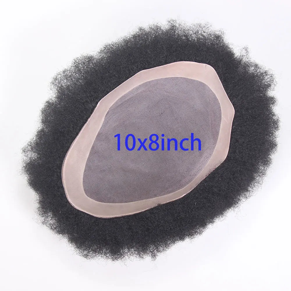 Afro Black Mens Toupee 4MM Man Wigs100% Human Hair African American Systems Afro Curly Hair pieces Replacement 1#Jet black 8x10"
