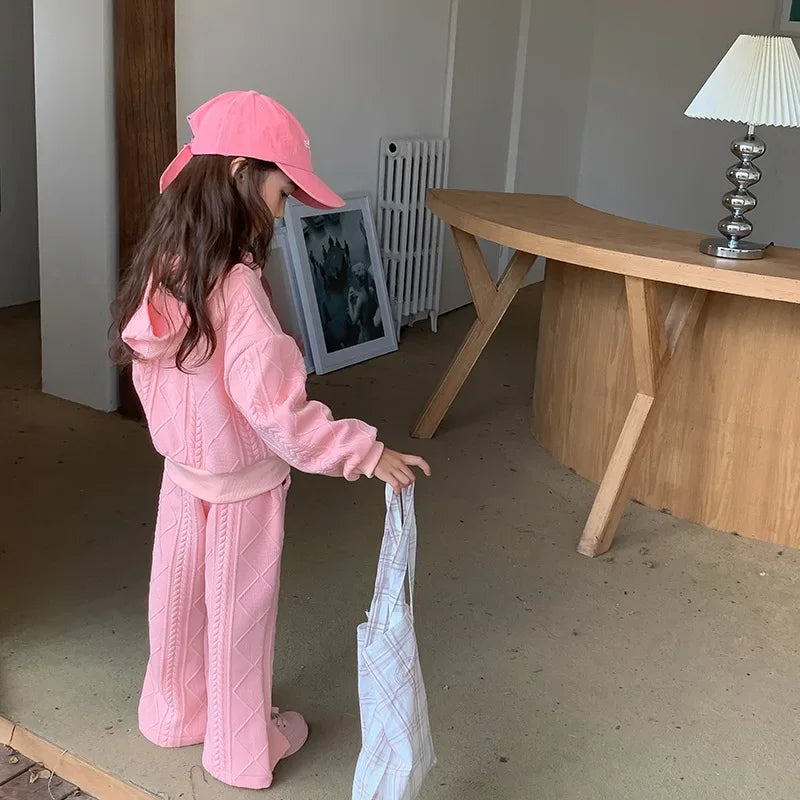 Flared Pants Childrens Set Girls Autumn New Korean Short Knitting Long Sleeved Tops Forking Two Piece Tide Hooded