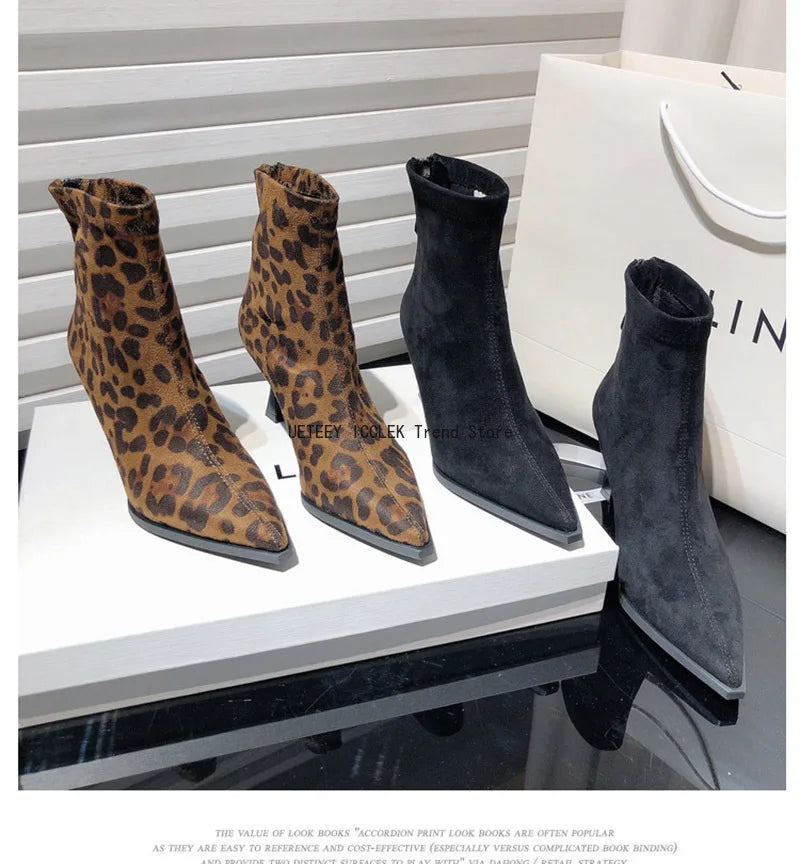 Leopard Print Women Ankle Boots Fashion Elegant Dancing Party Prom Shoes High Heel Women's Modern Short Booties