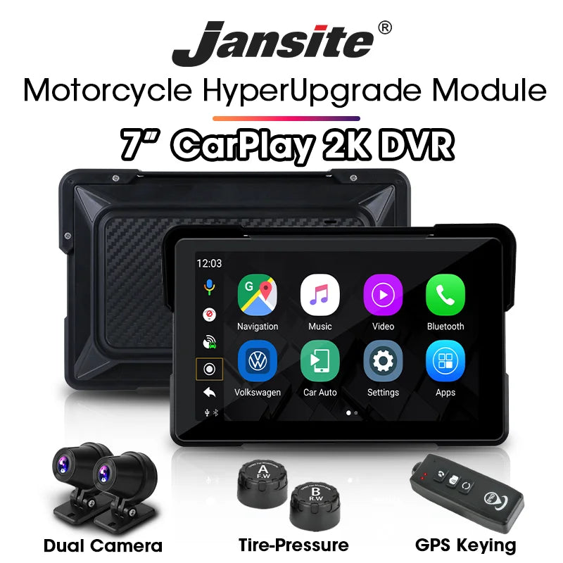 Jansite 7 inch 2K Motorcycle Upgrade Module DVR Navigation GPS Wireless CarPlay Waterproof IPX7 TPMS Portable Smart Display Cam