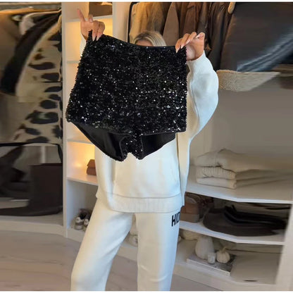 Chic Sequin Women's Shorts Sexy Black High Waist Mini Short Pants Female 2026 Spring New Fashion Woman Party Evening Outwears