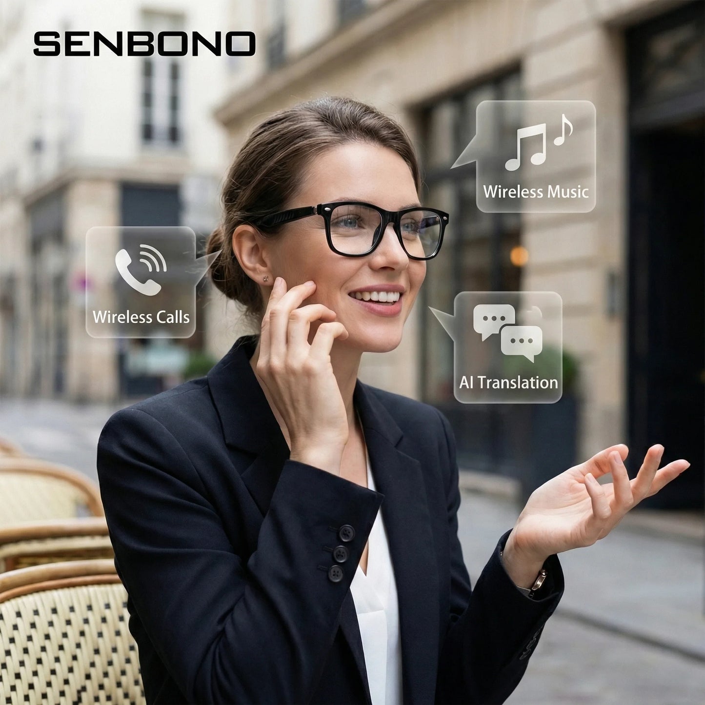 SENBONO 2026 New Smart Audio Glasses Fashion Sunglasses AI Translator 100+ Languages BT Answer Calling Music Play for Women Men