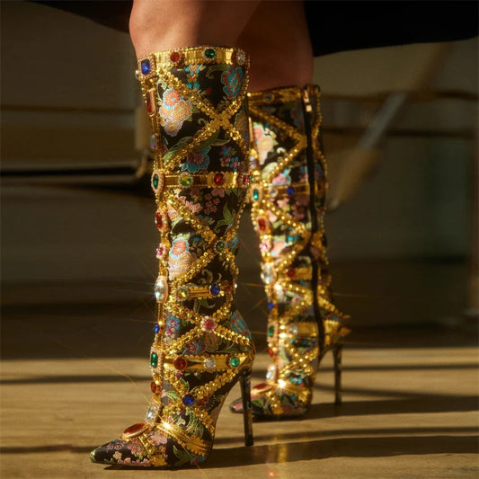 Eilyken Ins Style Runway Gemstone Crystal Stilettos Heels Women Knee-High Boots Zip Sexy Pointed Toe Stripper Botas De Mujer