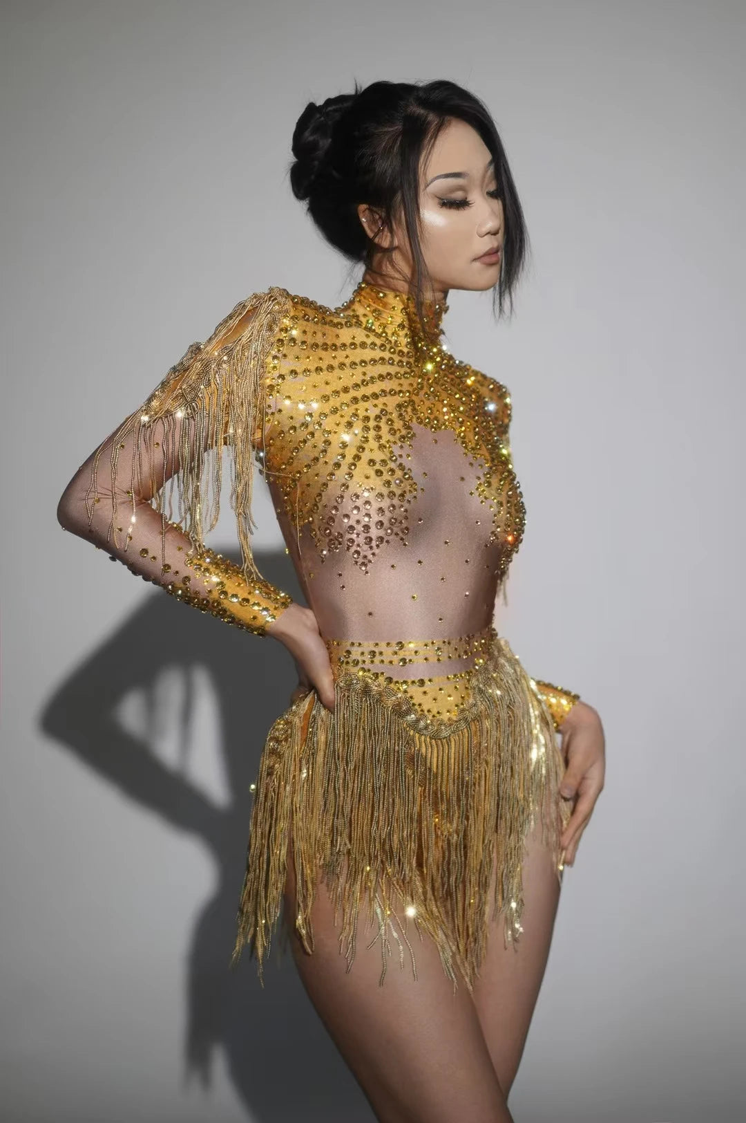 Sexy Skinny Leotard Singer Dancer Show StageWear Sparkly Blue Rhinestones Women DanceCostume Fringes One Shoulder Bodysuit  7G