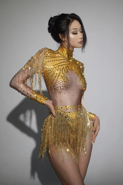 Sexy Skinny Leotard Singer Dancer Show StageWear Sparkly Blue Rhinestones Women DanceCostume Fringes One Shoulder Bodysuit  7G