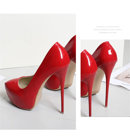 Big Size 35-47 Patent Leather Red Wedding Shoes 2025 Women Round Toe Super High Heels 16cm Pumps Sexy Platform Party Shoes Woman