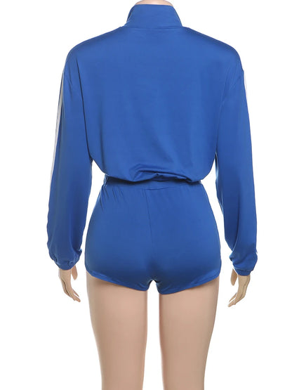 Weird Puss Casual Sporty 2 Piece Set Women Zipper Cardigan Polo-Neck Jacket+Drawstring Skinny Shorts Daily Fashion Tracksuits