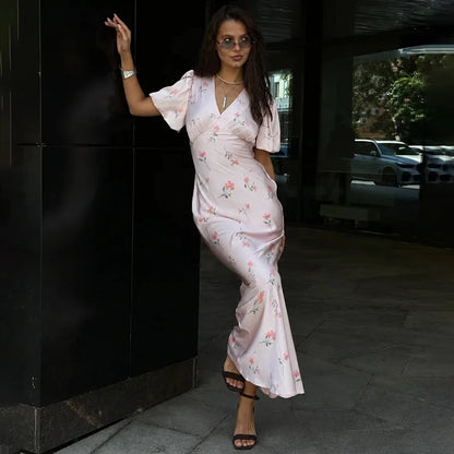 TARUXY Stylish Printed Maxi Dress Women Elegant Slim V-Neck Short-Sleeve Evening Dress Summer New Casual Commuter Female Dress