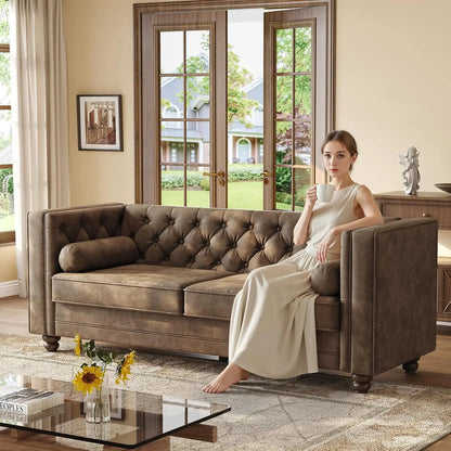 79'' Chesterfield Sofa for Living Room, Comfy Faux Leather Button-Tufted Couch with 2 Bolster Pillows and Wood, Customized
