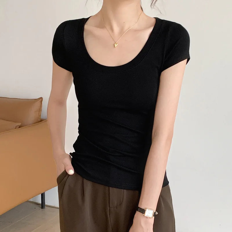 Cotton short sleeved women's T-shirt for summer, slim fit and slimming, versatile waist design, front shoulder, U-neck