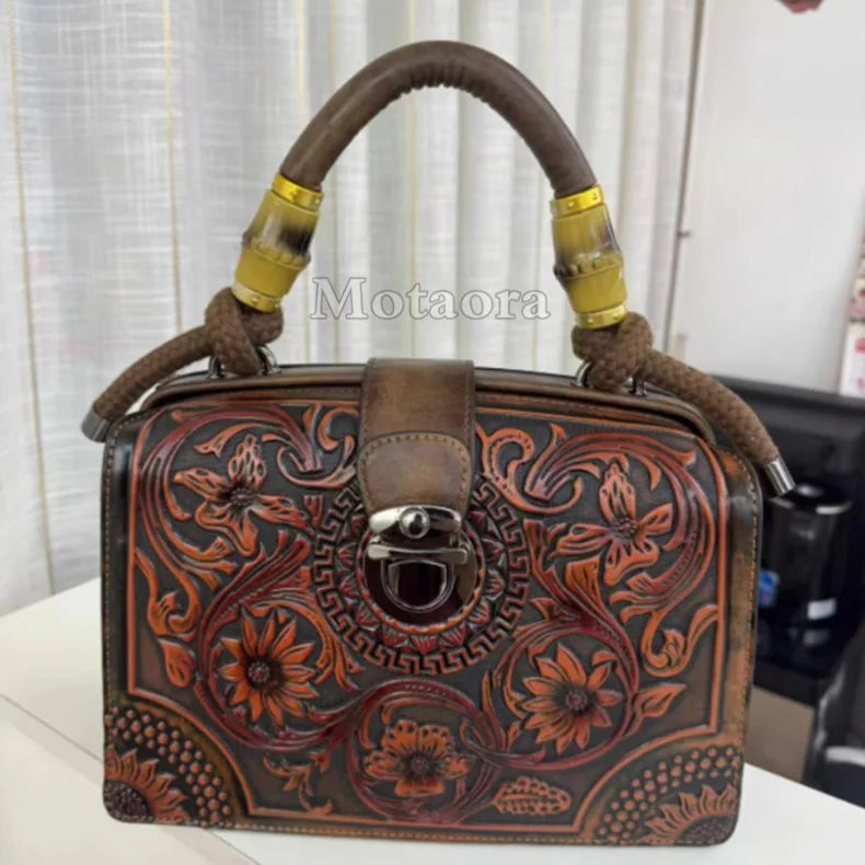 Motaora New Embossed Shoulder Bag For Women's 2025 Vintage Handmade Handbag Female PU Leather Big Capacity Crossbody Bags Purse