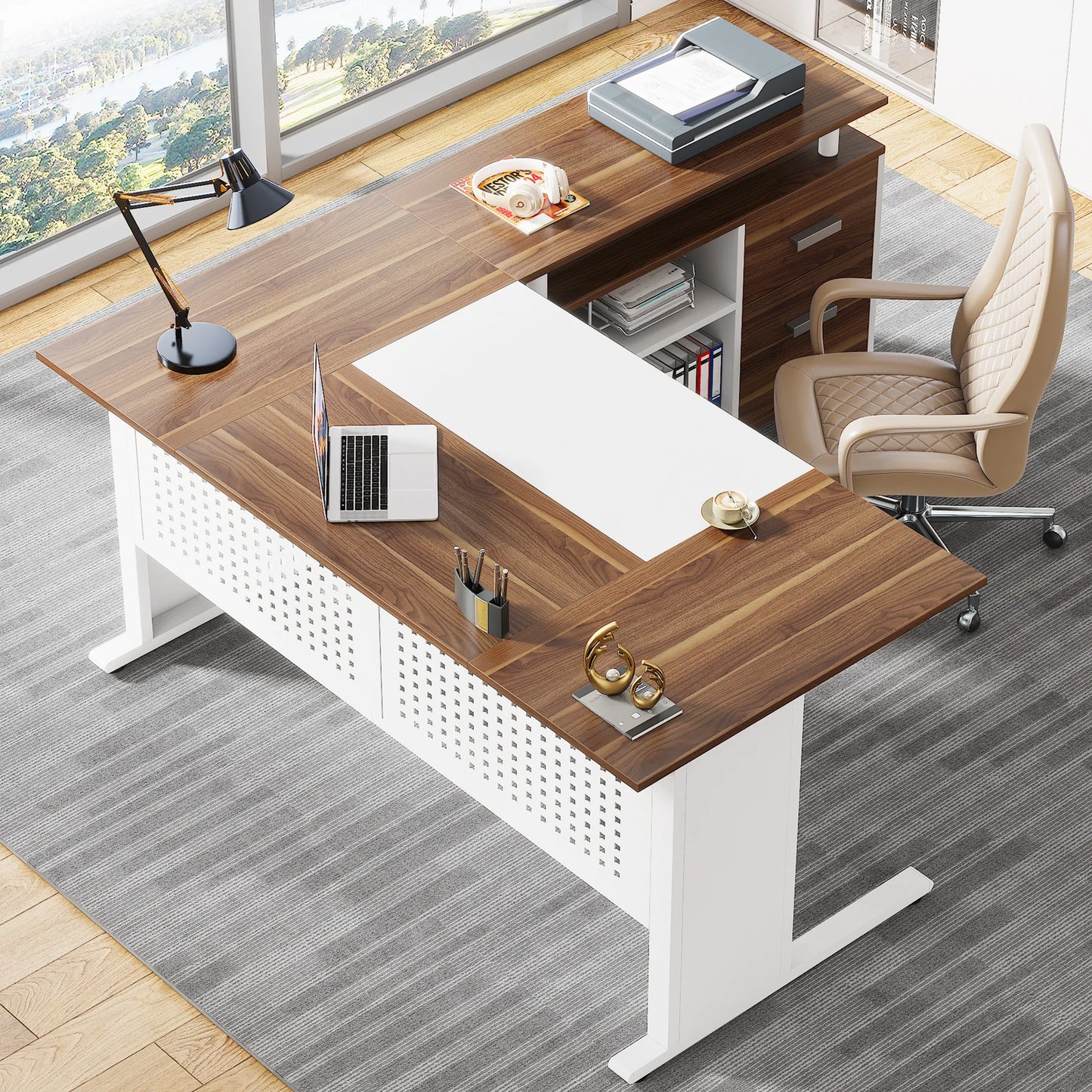Tribesigns 63 Inch Executive Desk with File Cabinet, Large Office Desk L Shaped Computer Desk with Drawers and Storage Shelves