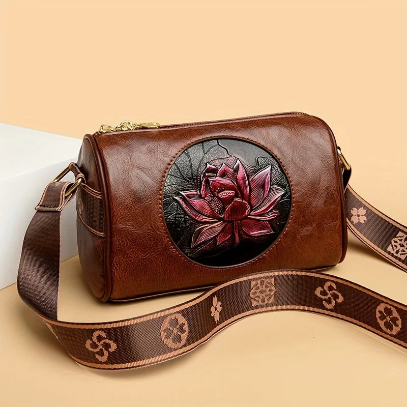 Fashionable and Trendy Women's Small Square Bag, Featuring Unique Lotus Embossing Craftsmanship, Showcasing Elegance and Individuality, with a Wide Shoulder Strap Design for an Ultimate Comfortable Experience. Versatile Shoul