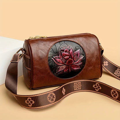 Fashionable and Trendy Women's Small Square Bag, Featuring Unique Lotus Embossing Craftsmanship, Showcasing Elegance and Individuality, with a Wide Shoulder Strap Design for an Ultimate Comfortable Experience. Versatile Shoul