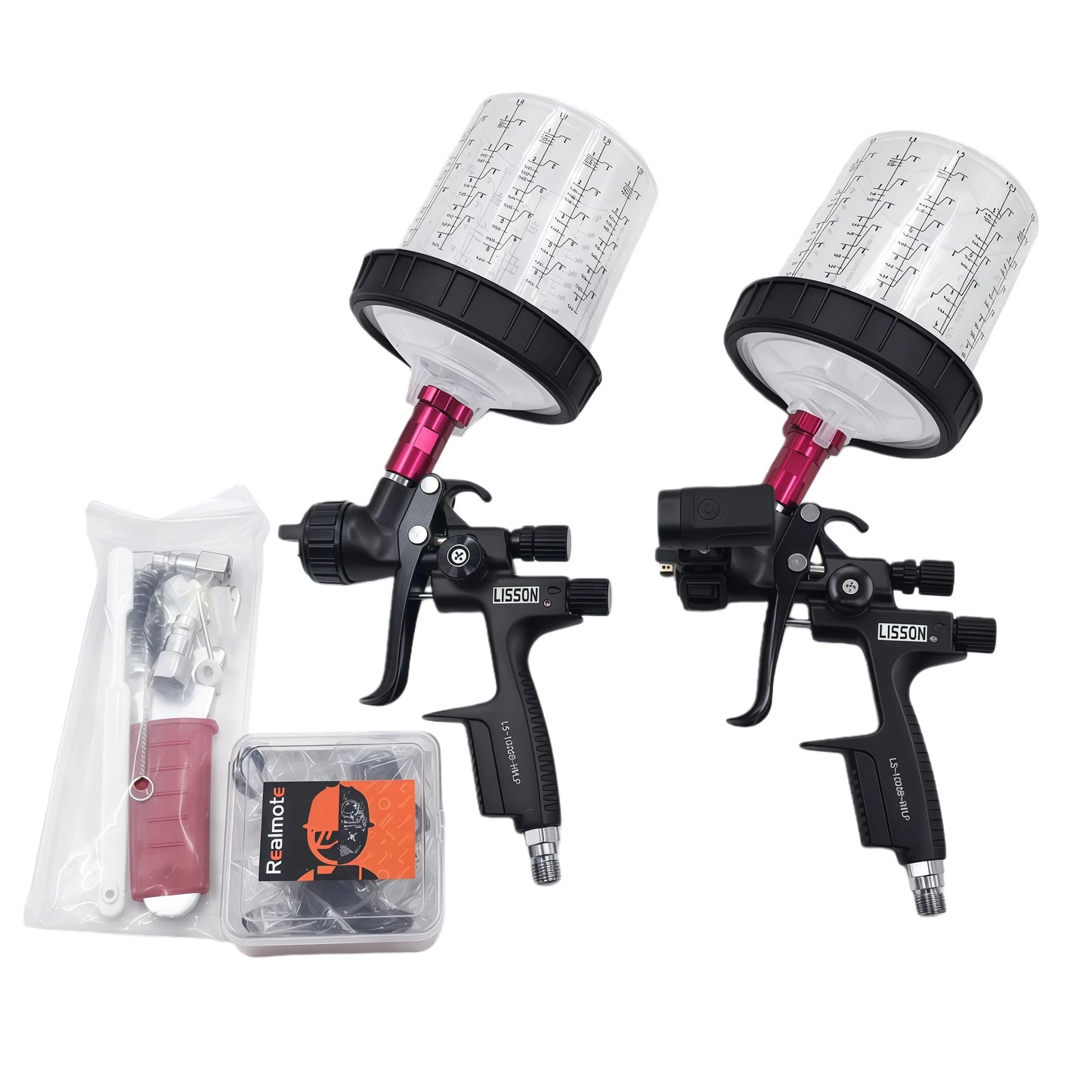 2PCS Black Spray Guns with Transparent Cups 1.3mm Basecoat 1.4mm Clearcoat HVLP for Auto Painting Aluminum Body