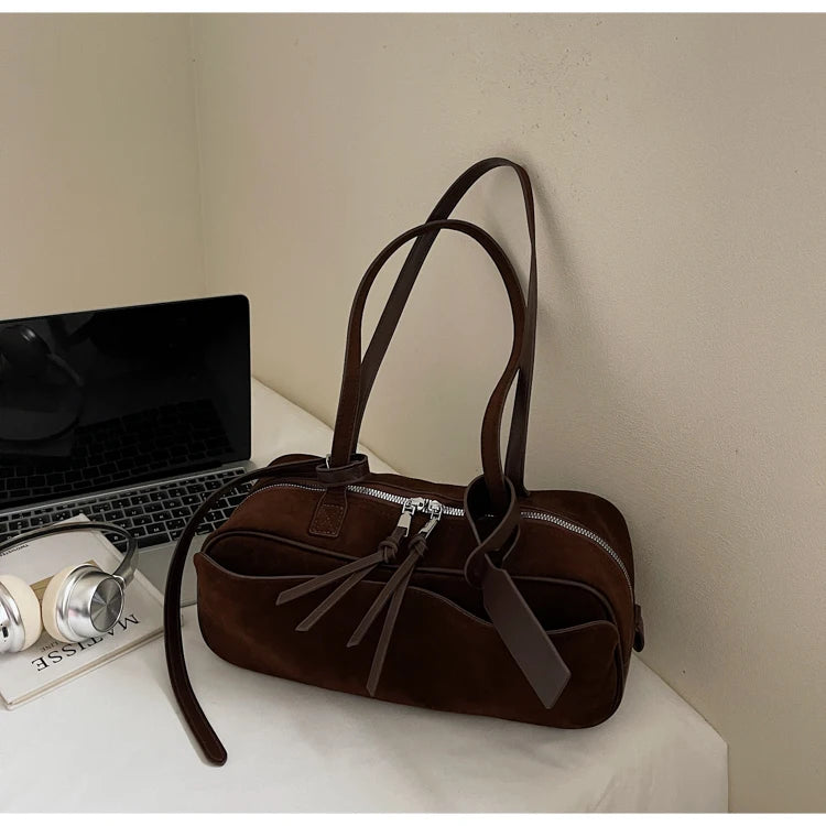 Retro Red Suede Wedding Shoulder Bag Luxury Designer Women Versatile Underarm Bags Elegant Female Large Capacity Handbags